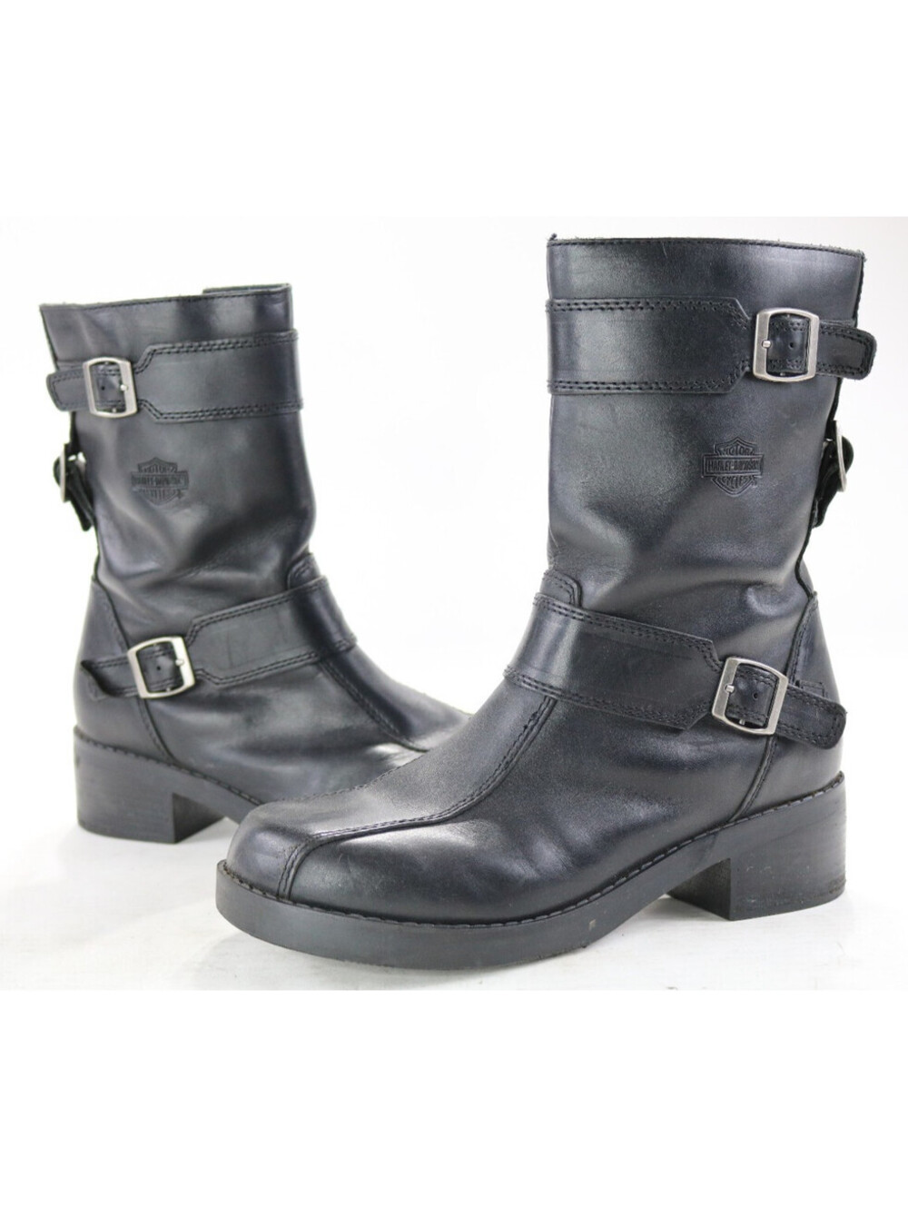harley davidson boots 8.5 black leather zip pull 12" straps buckles block square